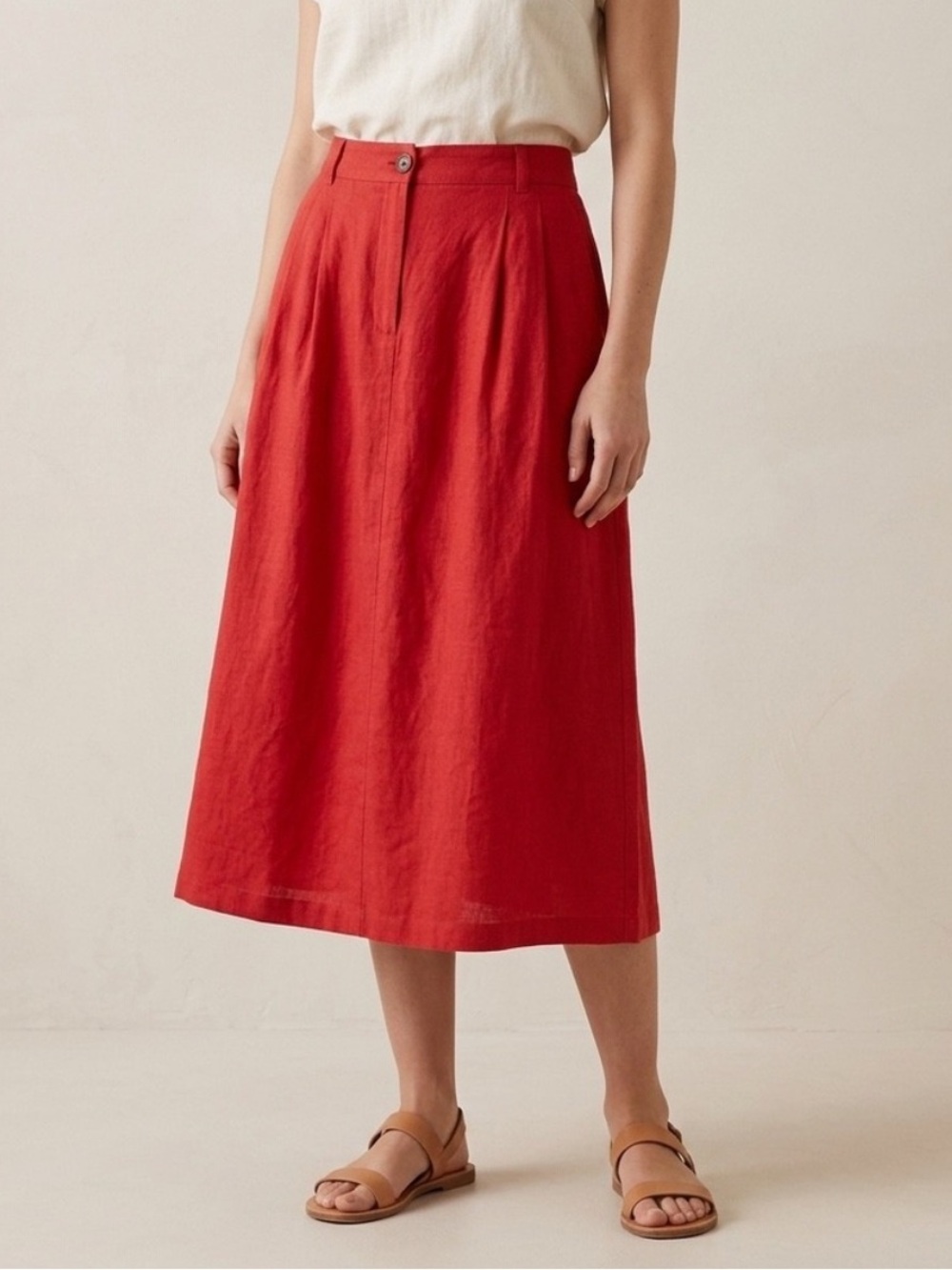 A New Day Midi Skirt in Bright Red Linen Blend